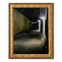 an oil painting of a dark alleyway