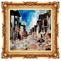 a painting of a girl walking down a street