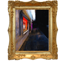 a painting of a street scene in a gold frame